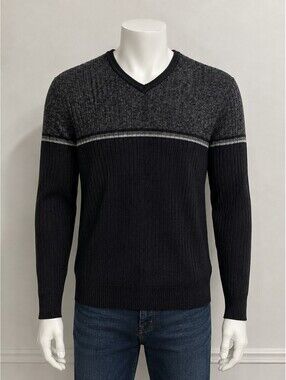 Alfani Men's Blue Gray Long-Sleeve Classic-Fit Pullover V-Neck Sweater Size M
